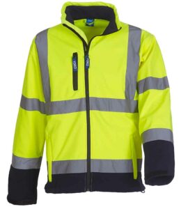 Yellow and Navy blue Yoko branded hi-vis softshell jacket