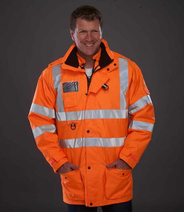 Orange Yoko branded 7-in-1 hi-visibility workwear jacket