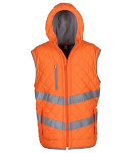 Orange hi-vis quilted gilet with hood and zip pockets