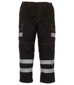 Black Yoko Hi-visibility cargo trousers, with side pockets and knee pad pockets