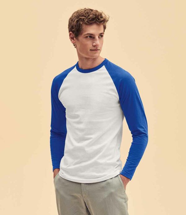 White and blue Fruit of the Loom Contrast Long Sleeve Baseball T-Shirt