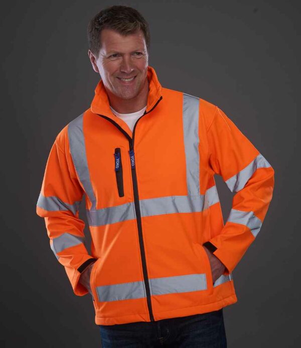 Orange Yoko branded hi-vis softshell jacket